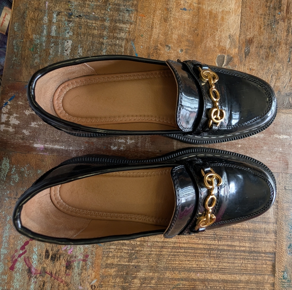 Circus by Sam Edelman Black Patent Loafers with Gold Metal Accent